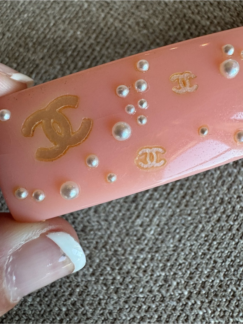 CHANEL Pink and Gold Pearl-Accent Hair Clip - Rare! Lightweight resin, stamped